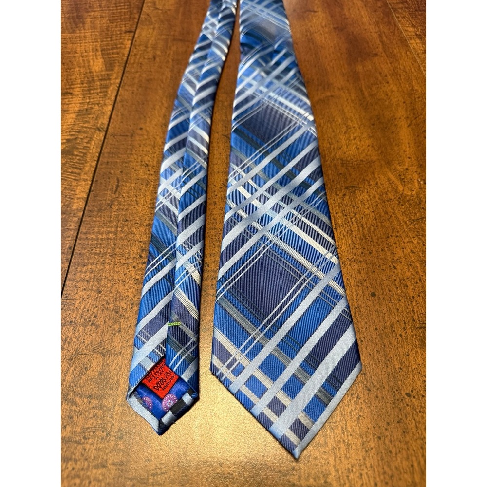 NEW John Sparks Men's Polyester Tie Blue Gray White Plaid Handmade China